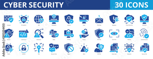 Cyber security icon pack collection set with firewall, encryption, vpn, password, secure, hack, phishing, malware, cloud security, antivirus, breach, code issue, detection, data, privacy, access