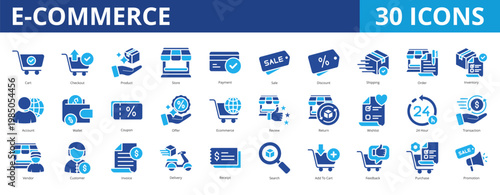 Ecommerce icon pack collection set with cart, checkout, product, store, payment, sale, discount, shipping, order, inventory, account, wallet, coupon, offer, ecommerce, review, return, wishlist