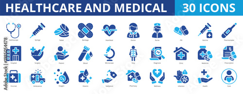 Healthcare and medical icon pack collection set with stethoscope, medicine, treatment, bandage, heartbeat, doctor, nurse, vaccine, hospital, surgery, diagnosis, clinic, prescription, wellness