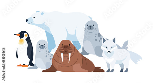 Arctic Animals Group Illustration: Polar Bear, Penguin, Walrus, Seal, Fox