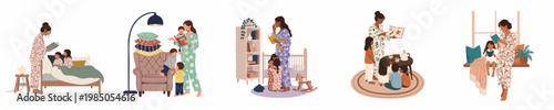 Set of cozy home scenes featuring mothers reading to children in pajamas, illustrating family bonding, bedtime routines, and storytelling moments.
