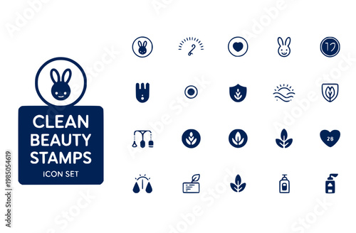 Skincare Beauty Certification Stamp Icon Set Cruelty Free Dermatologist Tested Fragrance Free Microbiome Safe Reef Safe Non-Comedogenic Clean Formula pH Balanced Sensitive Skin Zero Waste