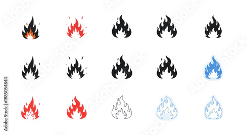 Collection of Fire Icons: Flames in Black, Red, and Blue on White Background