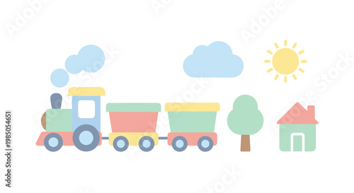 Cute cartoon train with carriages, house, tree, sun, and cloud in pastel colors.