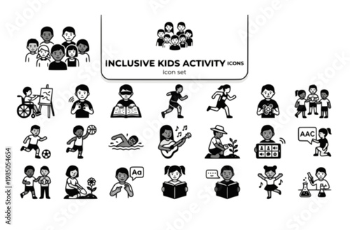 Inclusive Children's Activity Icon Set Wheelchair Child Signing Story Braille Reader Limb Difference Athlete Fidget User Mixed Ability Group Hearing Aid Guide Cane