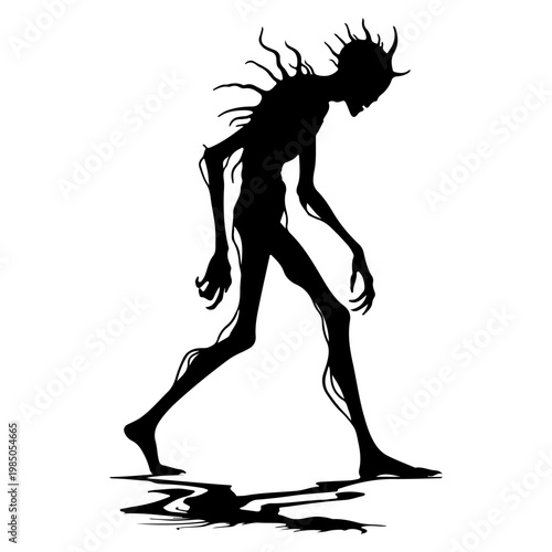 Silhouette of a terrifying, emaciated creature walking with a menacing gait.