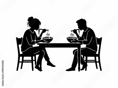 Silhouette of a Couple Eating Ramen isolated on white background