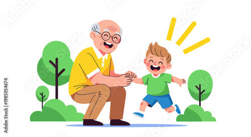 Happy Grandfather and Grandson Playing Together Outdoors in a Park