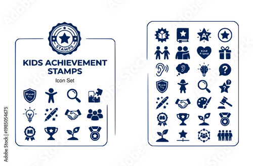 Kids Reward Achievement Stamp Icon Set Super Reader Math Whiz Kind Friend Great Listener Brave Try Problem Solver Creative Thinker Team Player Always Curious Growth Mindset
