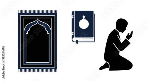 Muslim Prayer Set: Prayer Rug, Quran, Man Praying Icon