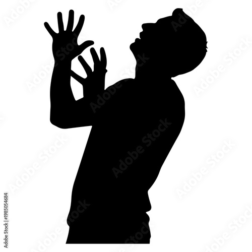 Silhouette of a man looking up with hands raised in despair.