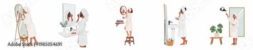 Set of illustrations depicting women in bathrobes practicing various skincare routines and applying facial masks in front of mirrors.
