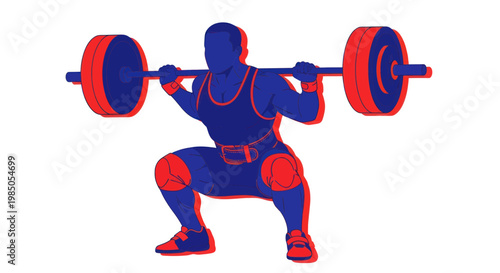 Weightlifter Performing Squat Exercise with Barbell, Red and Blue Toned Illustration