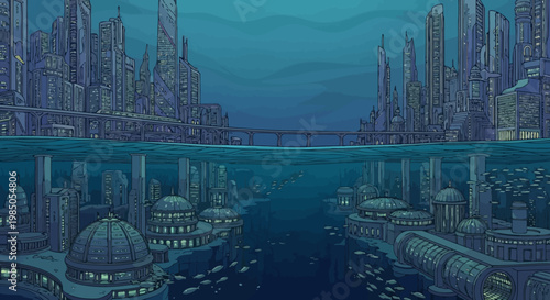 Futuristic cityscape showing advanced architecture both above and beneath the water line, with glowing structures and marine life