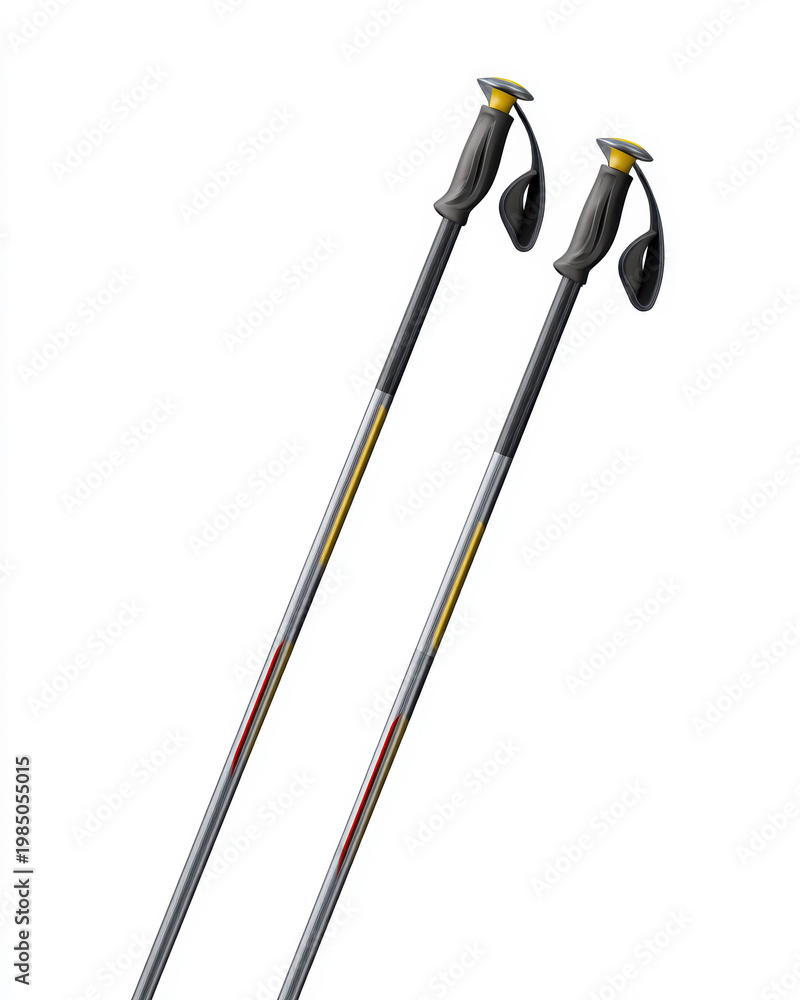 Obraz premium Two Cross Country Ski Poles with Yellow and Red Accents on a White Background. High Resolution Stock Photo Detailed Shot