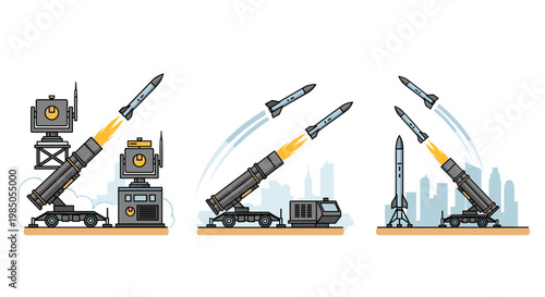 Military missile launching system firing projectiles into the sky against a city skyline, illustrating defense and combat operations