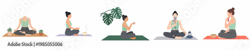 Collection of flat illustrations showing women practicing meditation and yoga with various wellness items like crystals, incense, and singing bowls for mindfulness.