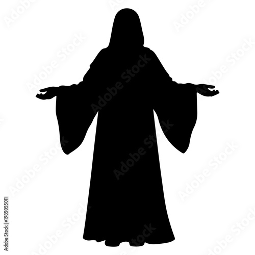 Silhouette of a figure in a robe with outstretched arms.