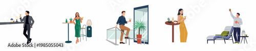 Collection of stylish people enjoying drinks at a social event or party, flat vector illustration set isolated on white background.