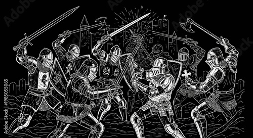 Intense medieval battle illustration featuring armored knights clashing swords and axes in historic warfare, dramatic conflict