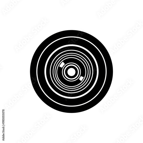 Dynamic black and white abstract graphic with intricate concentric circles creating a visually engaging target or vortex effect, ideal for modern design and technological themes