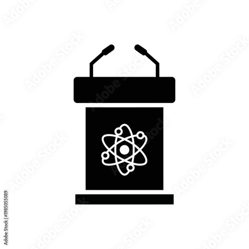 Science presentation podium icon with atom symbol, perfect for scientific conferences, research discussions, and educational events