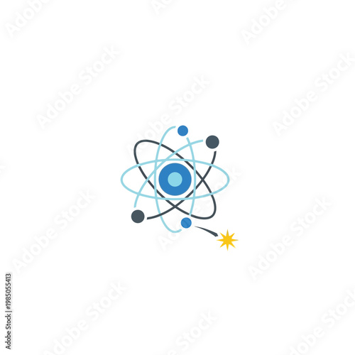 Dynamic atomic structure with orbiting electrons and an energetic spark, symbolizing scientific innovation, nuclear processes, and particle interactions