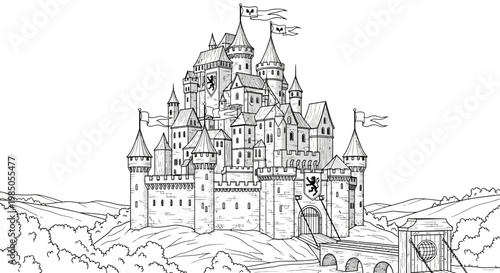 Intricate fairy tale castle on a hill with drawbridge, detailed medieval fortress architecture, hand-drawn line art illustration, coloring book page