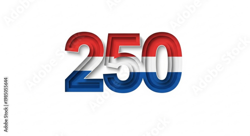 A colorful vector graphic illustration of the number 250 in a bold font with a red white and blue color scheme