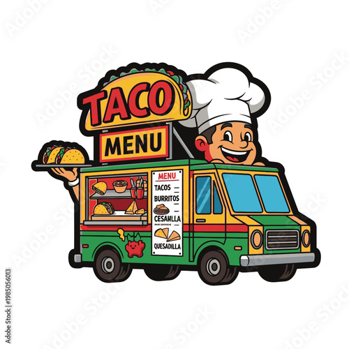 Colorful taco truck with chef smiling.