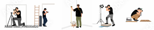 Professional real estate photographer at work collection of illustrations showing various poses and equipment on a construction site or interior renovation.