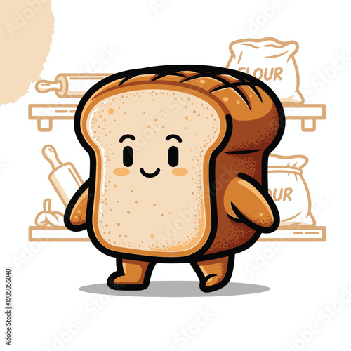 Cartoon bread character with smiling face.