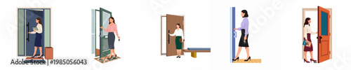 Flat vector illustration of a professional woman opening different types of doors, symbolizing career growth, new opportunities, and real estate services.