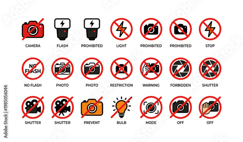 No camera, flash, or photography: universal prohibited signs and symbols collection