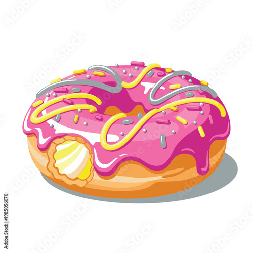 Colorful donut with pink frosting and sprinkles.