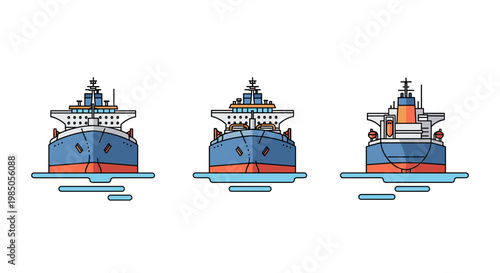 Collection of three different types of cargo ships illustrated in a modern, flat design style on a white background