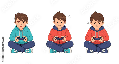 Illustration of a young boy playing video games displaying different emotions from joy to anger