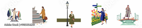 Collection of flat illustrations showing stylish women in trench coats engaged in diverse activities in urban and natural park environments.