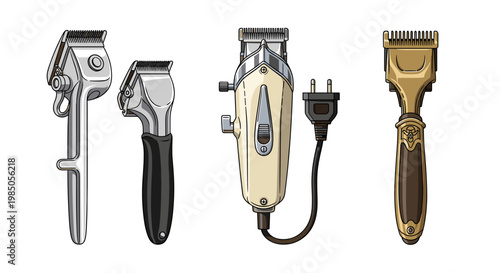 Collection of vintage and modern electric hair clippers and trimmers on white background