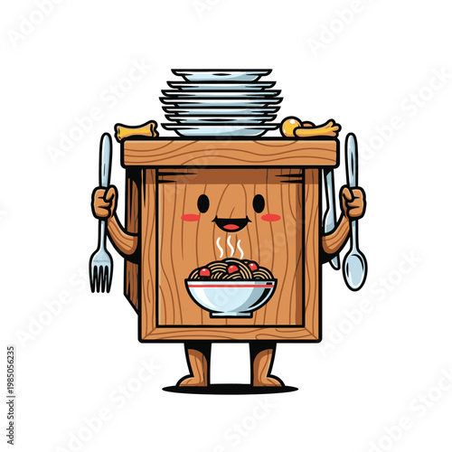 Cartoon wooden table with food plates.