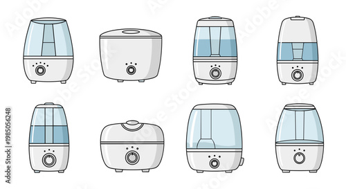 Collection of various home humidifier icons representing clean air and moisture for a healthy environment