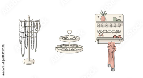 Various jewelry and accessory organizers displayed on white background, including a rotating stand, tiered tray, and wall-mounted shelf with a scarf
