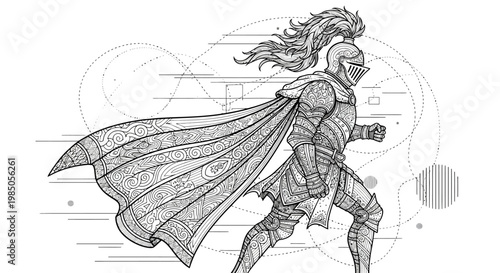 Dynamic Medieval Knight in Full Plate Armor with Flowing Cape, Plumed Helmet, Black and White Line Art Illustration, Abstract Geometric Background