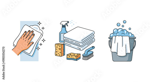 Cleaning supplies and accessories for a spotless home towels, sponges, spray bottle, and bucket with foam