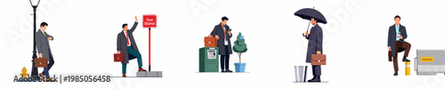 Set of flat vector illustrations depicting professional businessmen in various urban outdoor activities like commuting, waiting, and hailing a taxi.