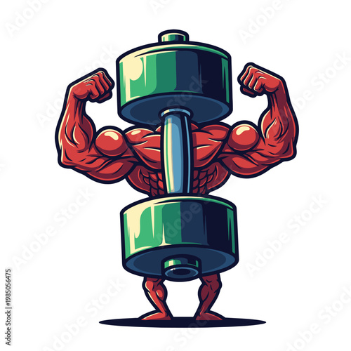 Muscular cartoon character lifting dumbbell weights.
