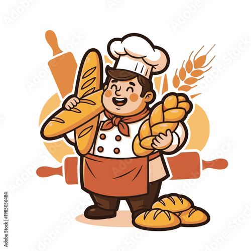 Cartoon baker holding bread loaves cheerfully.