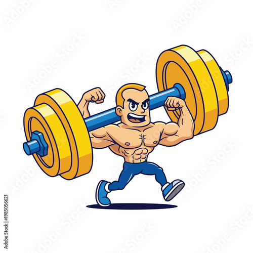 Muscular cartoon man lifting heavy weights.