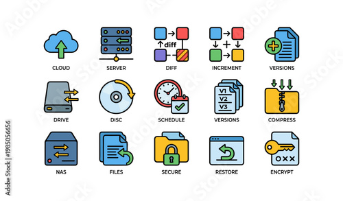 Colorful computer icon set: cloud, server, files, security, data management