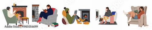 Collection of women relaxing and reading books in cozy living rooms by a warm fireplace during winter, flat vector illustration.